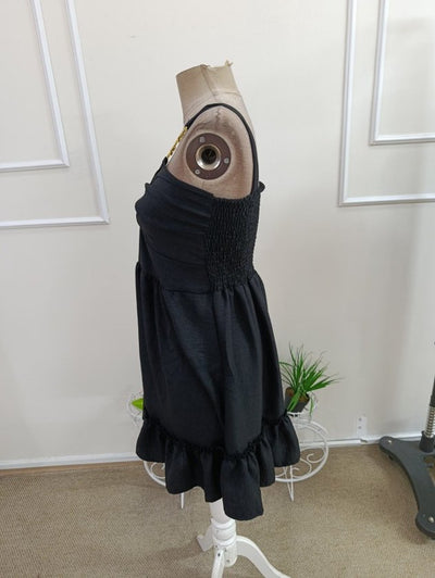 Rochie scurtă de damă, cu bretele, volane și inele, 37168