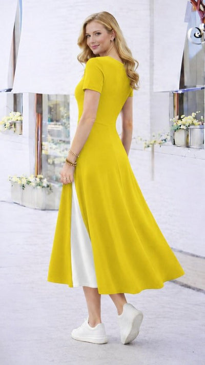 Rochie Midi din Viscon pentru femei cu mâneci scurte, guler asimetric, butoni, 37190