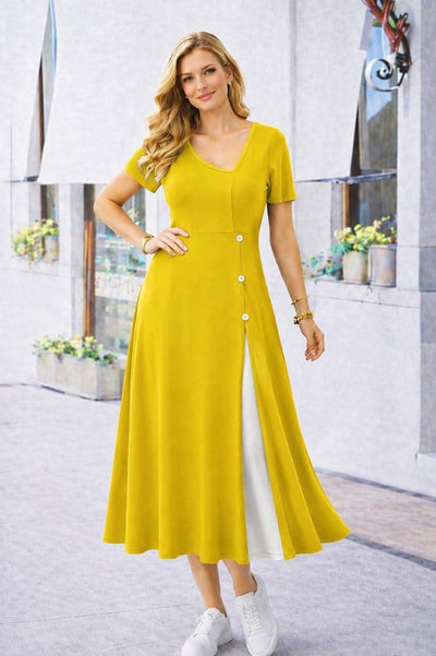 Rochie Midi din Viscon pentru femei cu mâneci scurte, guler asimetric, butoni, 37190