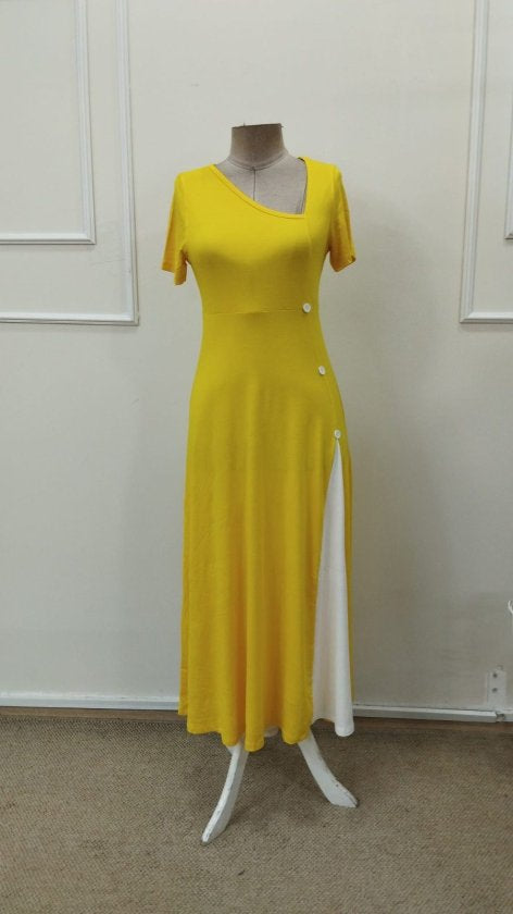 Rochie Midi din Viscon pentru femei cu mâneci scurte, guler asimetric, butoni, 37190