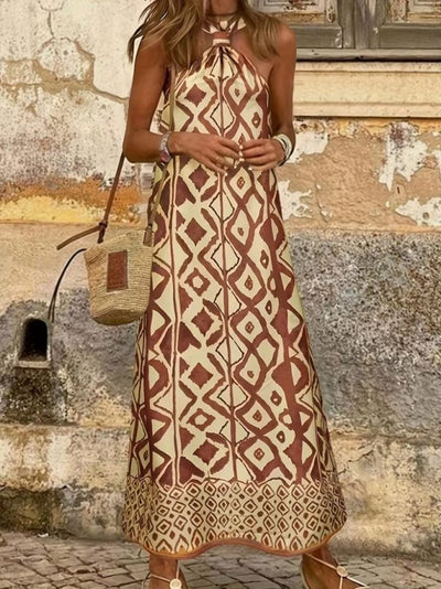 Rochie lungă de damă din suprapunere, cu model, cu umerii goi și bretele la gât, 37192