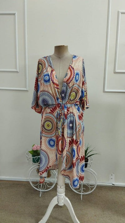 Kimono lung pentru femei cu mâneci scurte, deschidere din față la talie, strângere la talie, 37197