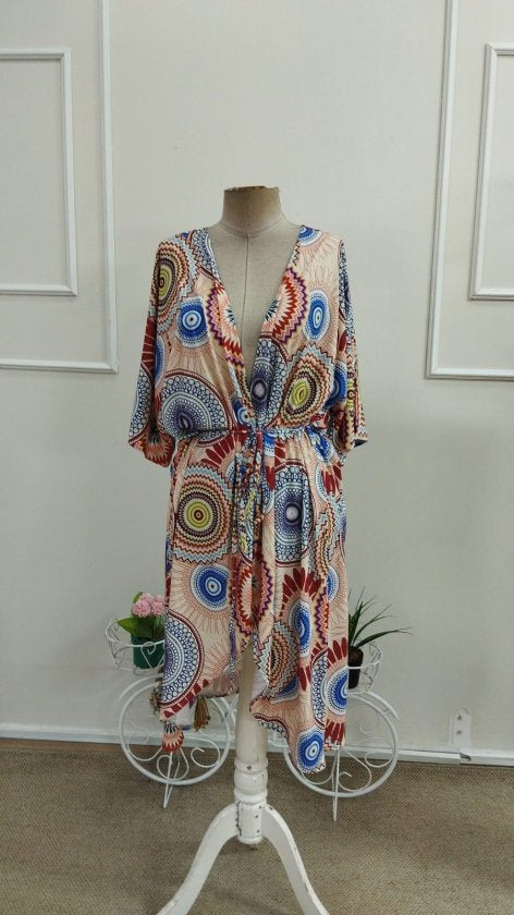 Kimono lung pentru femei cu mâneci scurte, deschidere din față la talie, strângere la talie, 37197