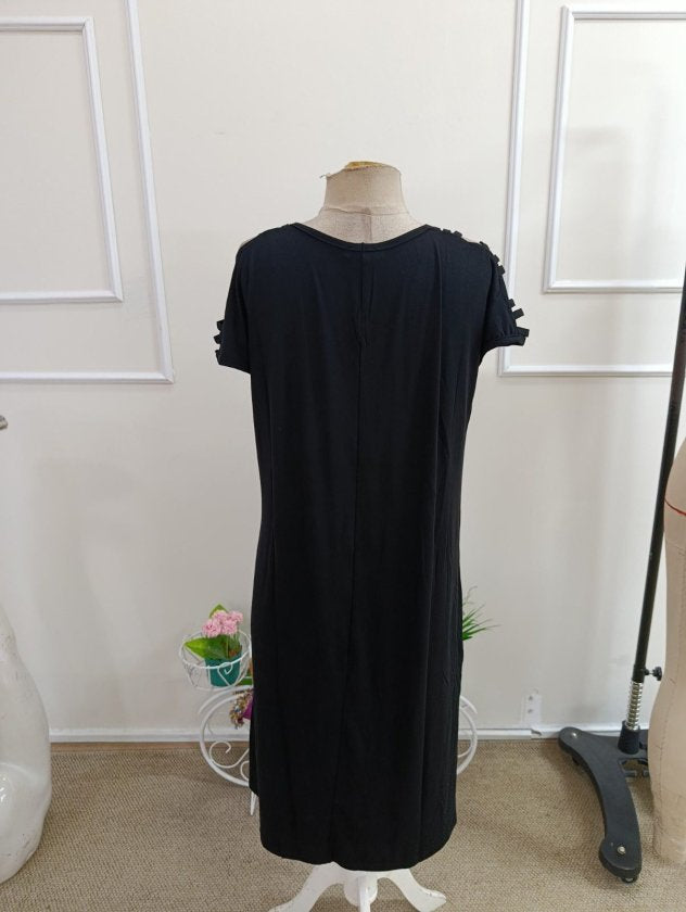 Rochie din Viscon pentru femei cu mâneci scurte, panglică detaliu, decupaj lateral, 37199