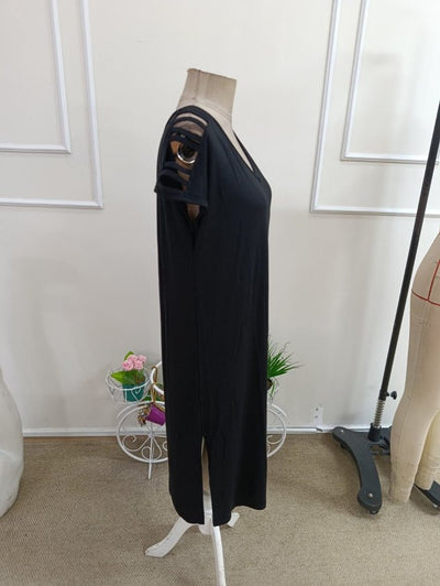 Rochie din Viscon pentru femei cu mâneci scurte, panglică detaliu, decupaj lateral, 37199