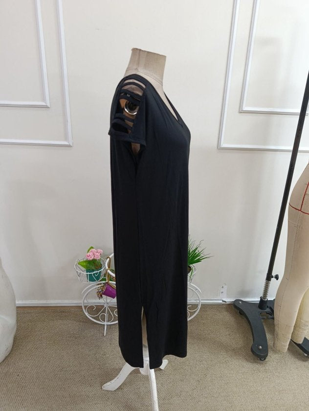 Rochie din Viscon pentru femei cu mâneci scurte, panglică detaliu, decupaj lateral, 37199