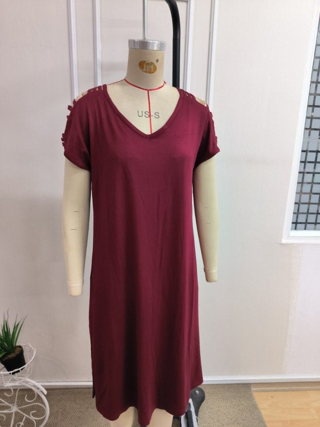 Rochie din Viscon pentru femei cu mâneci scurte, panglică detaliu, decupaj lateral, 37200