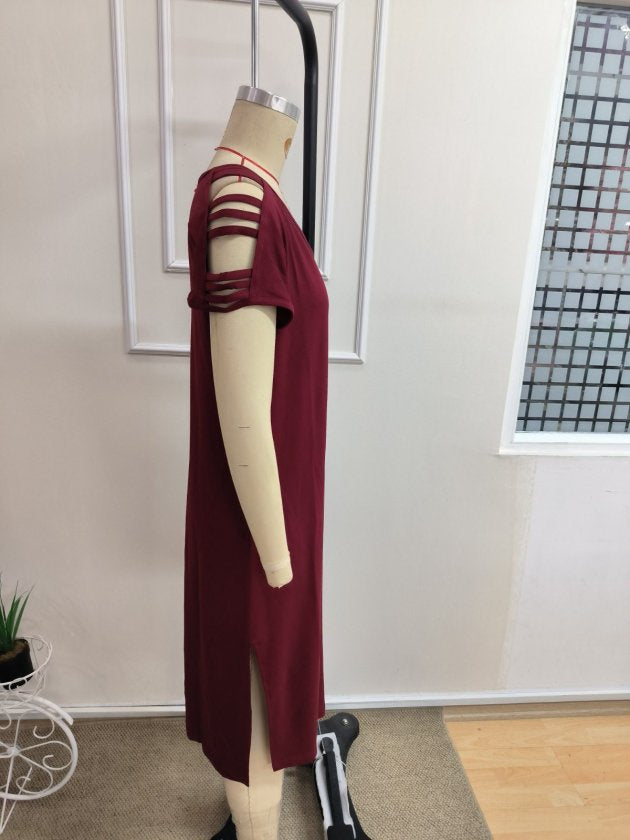 Rochie din Viscon pentru femei cu mâneci scurte, panglică detaliu, decupaj lateral, 37200