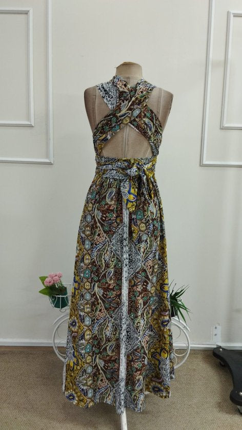 Women's Off-Shoulder, Cross-Neck Detail, Slit, Patterned Long Supreme Dress, 37209