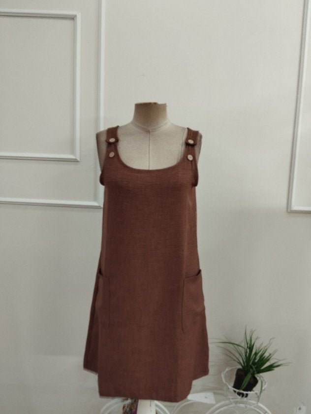 Rochie din in pentru femei fără mâneci, bretele groase, cu butoni, buzunare, 37216