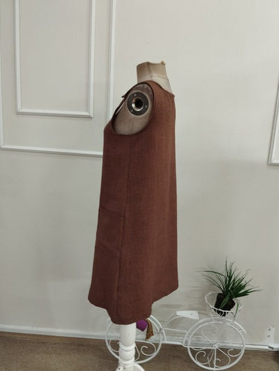 Rochie din in pentru femei fără mâneci, bretele groase, cu butoni, buzunare, 37216