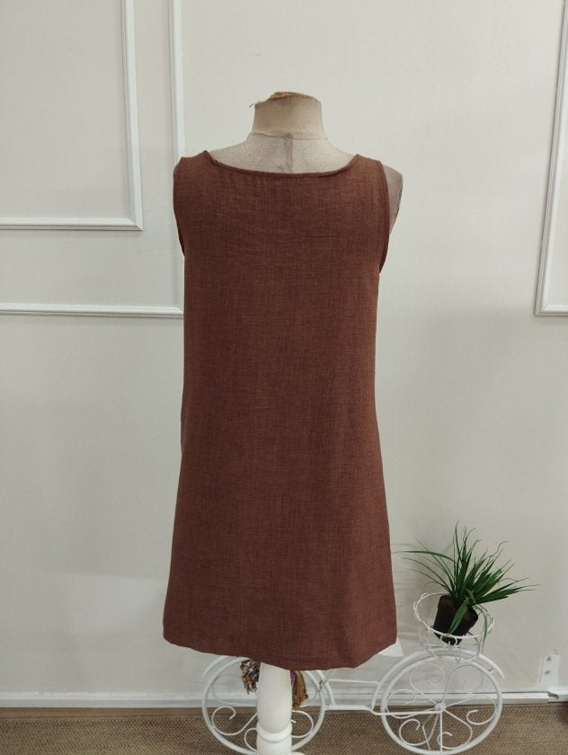 Rochie din in pentru femei fără mâneci, bretele groase, cu butoni, buzunare, 37216