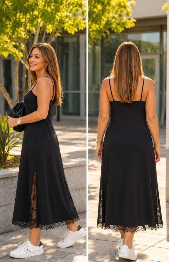 Rochie lungă de damă din viscoză, cu bretele și detalii din dantelă, 37219