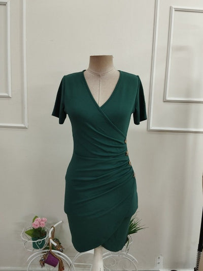 Rochie scurtă din Janjan Crep pentru femei cu mâneci scurte, guler incrucișat, butoni laterali, detaliu asimetric, 37255