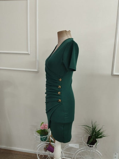 Rochie scurtă din Janjan Crep pentru femei cu mâneci scurte, guler incrucișat, butoni laterali, detaliu asimetric, 37255