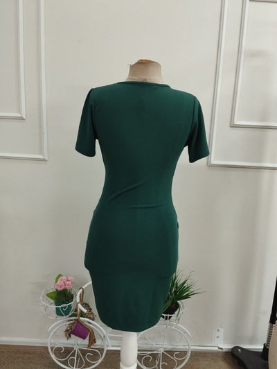 Rochie scurtă din Janjan Crep pentru femei cu mâneci scurte, guler incrucișat, butoni laterali, detaliu asimetric, 37255