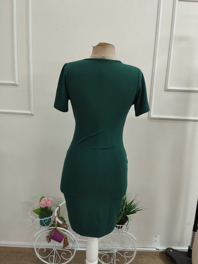 Rochie scurtă din Janjan Crep pentru femei cu mâneci scurte, guler incrucișat, butoni laterali, detaliu asimetric, 37255