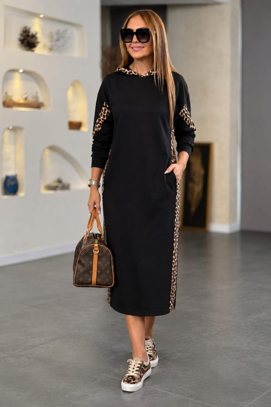Rochie lungă Viscon din doi fire pentru femei cu mâneci lungi, glugă, model leopard, buzunare, 37262