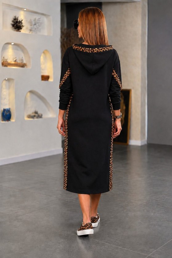 Rochie lungă Viscon din doi fire pentru femei cu mâneci lungi, glugă, model leopard, buzunare, 37262