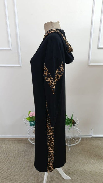 Rochie lungă Viscon din doi fire pentru femei cu mâneci lungi, glugă, model leopard, buzunare, 37262