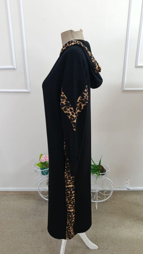 Rochie lungă Viscon din doi fire pentru femei cu mâneci lungi, glugă, model leopard, buzunare, 37262