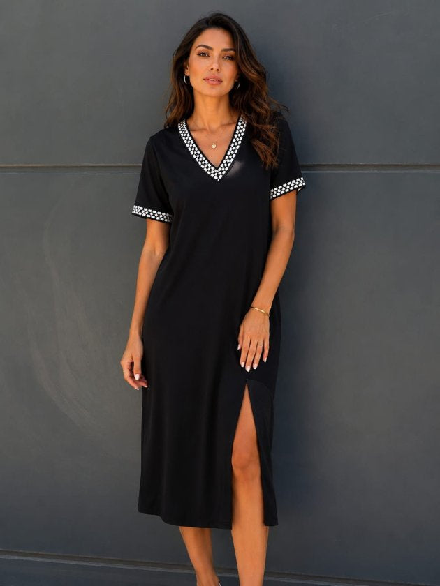 Rochie midi din vâsc mânecă scurtă guler V cu rupturi, 37305