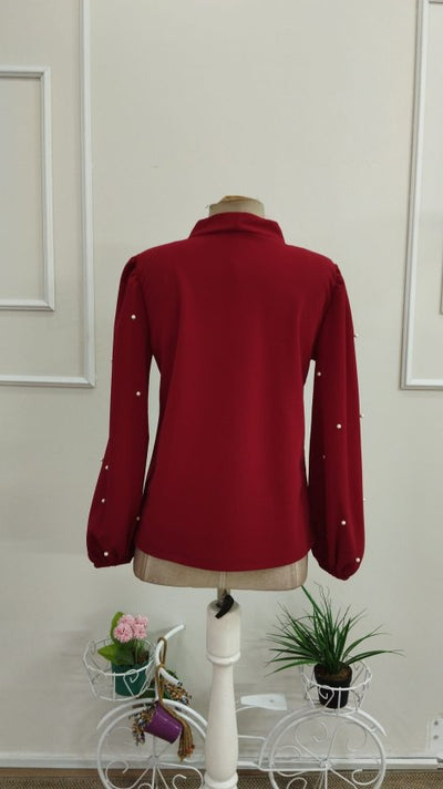 Bluză din stofă crepon import mânecă lungă cu fundă la gât perle, 37312