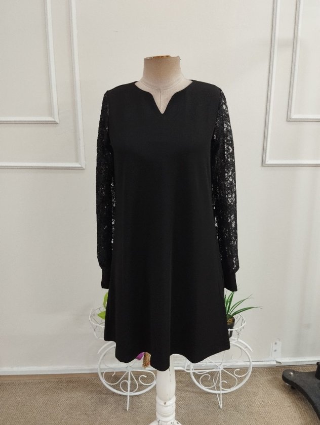 Rochie scurtă din stofă crepon janjan guler deschis din spate dantelat talie liberă, 37317