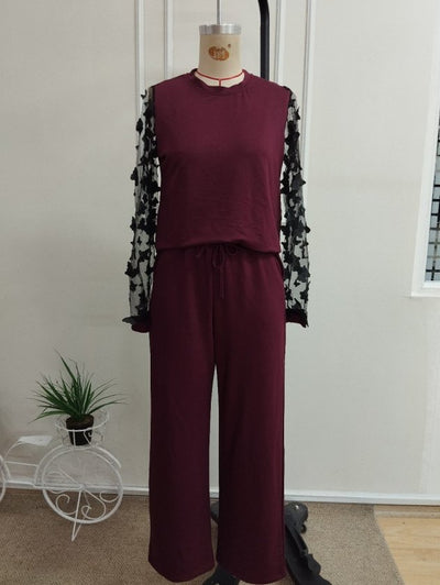 Compleu bluză din viscoză dublă cu mâneci lungi, guler barcă, cu tull pe mâneci și pantalon, 37429