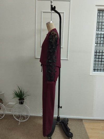 Compleu bluză din viscoză dublă cu mâneci lungi, guler barcă, cu tull pe mâneci și pantalon, 37429