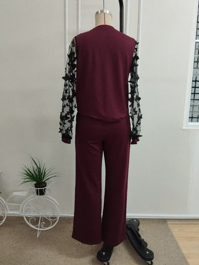 Compleu bluză din viscoză dublă cu mâneci lungi, guler barcă, cu tull pe mâneci și pantalon, 37429