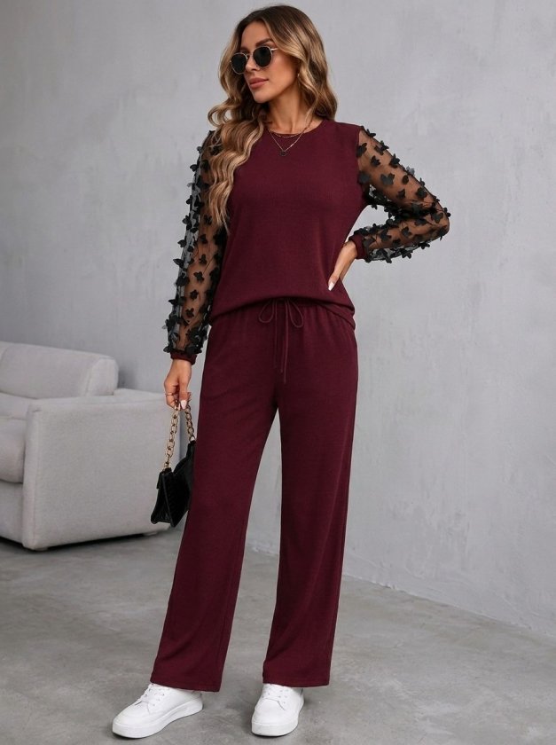 Compleu bluză din viscoză dublă cu mâneci lungi, guler barcă, cu tull pe mâneci și pantalon, 37429