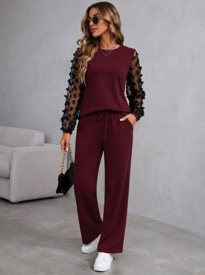 Compleu bluză din viscoză dublă cu mâneci lungi, guler barcă, cu tull pe mâneci și pantalon, 37429