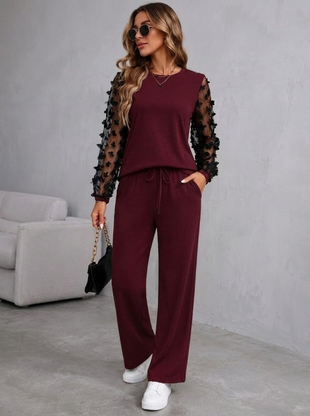 Compleu bluză din viscoză dublă cu mâneci lungi, guler barcă, cu tull pe mâneci și pantalon, 37429