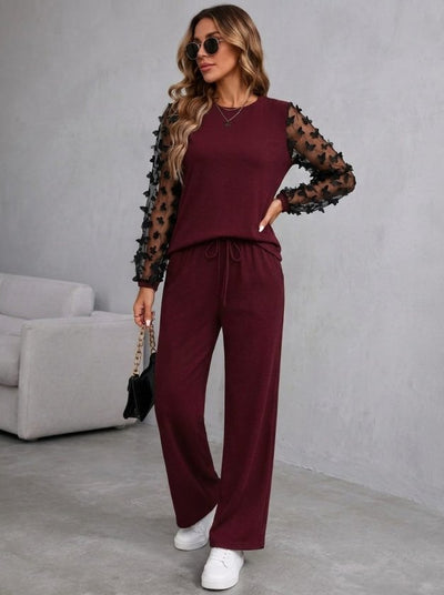 Compleu bluză din viscoză dublă cu mâneci lungi, guler barcă, cu tull pe mâneci și pantalon, 37429