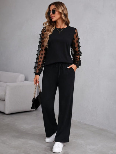 Compleu bluză din viscoză dublă cu mâneci lungi, guler barcă, cu tull pe mâneci și pantalon, 37428