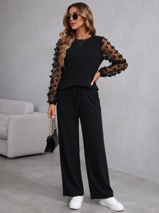 Compleu bluză din viscoză dublă cu mâneci lungi, guler barcă, cu tull pe mâneci și pantalon, 37428