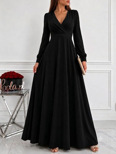 Rochie lungă din stofă crepon mânecă lungă guler cruce cu plisuri și corset la talie, 37323