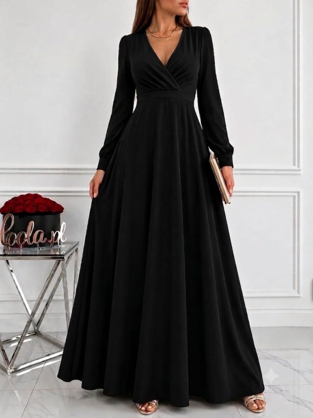 Rochie lungă din stofă crepon mânecă lungă guler cruce cu plisuri și corset la talie, 37323