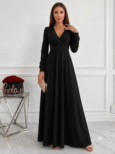 Rochie lungă din stofă crepon mânecă lungă guler cruce cu plisuri și corset la talie, 37323