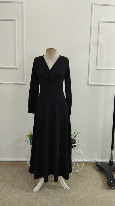 Rochie lungă din stofă crepon mânecă lungă guler cruce cu plisuri și corset la talie, 37323
