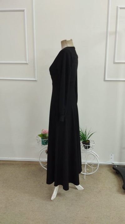 Rochie lungă din stofă crepon mânecă lungă guler cruce cu plisuri și corset la talie, 37323
