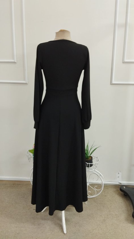 Rochie lungă din stofă crepon mânecă lungă guler cruce cu plisuri și corset la talie, 37323