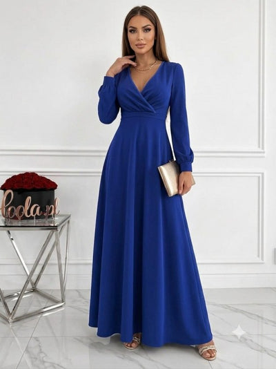 Rochie lungă de damă din crep janjan, cu mâneci lungi, guler petrecut și detaliu plisat la nivelul taliei, 37325