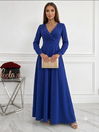 Rochie lungă de damă din crep janjan, cu mâneci lungi, guler petrecut și detaliu plisat la nivelul taliei, 37325