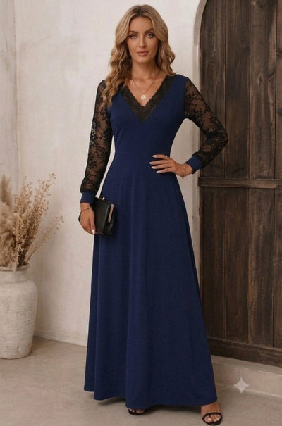Rochie lungă din stofă crepon mânecă lungă guler V dantelat, 37328