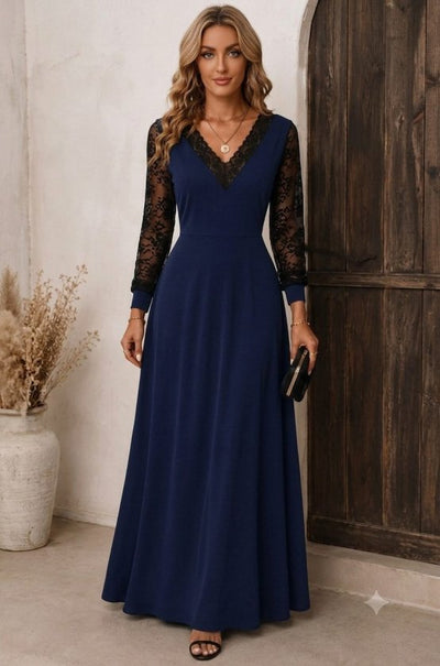 Rochie lungă din stofă crepon mânecă lungă guler V dantelat, 37328