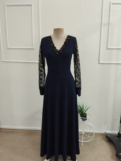 Rochie lungă din stofă crepon mânecă lungă guler V dantelat, 37328