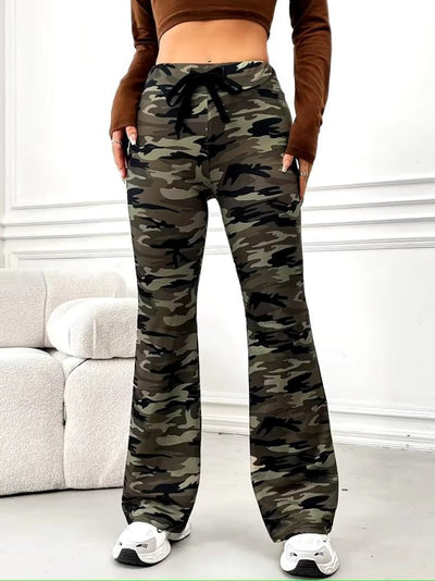 Pantalon lung din țesătură ondulată talie înaltă cu cordon model, 37336