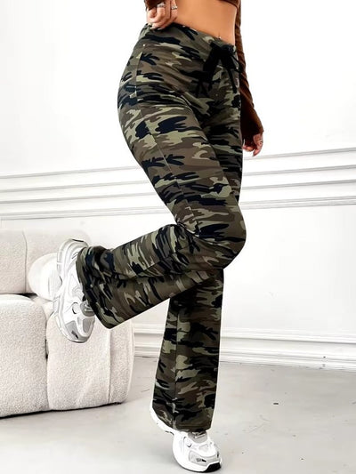 Pantalon lung din țesătură ondulată talie înaltă cu cordon model, 37336
